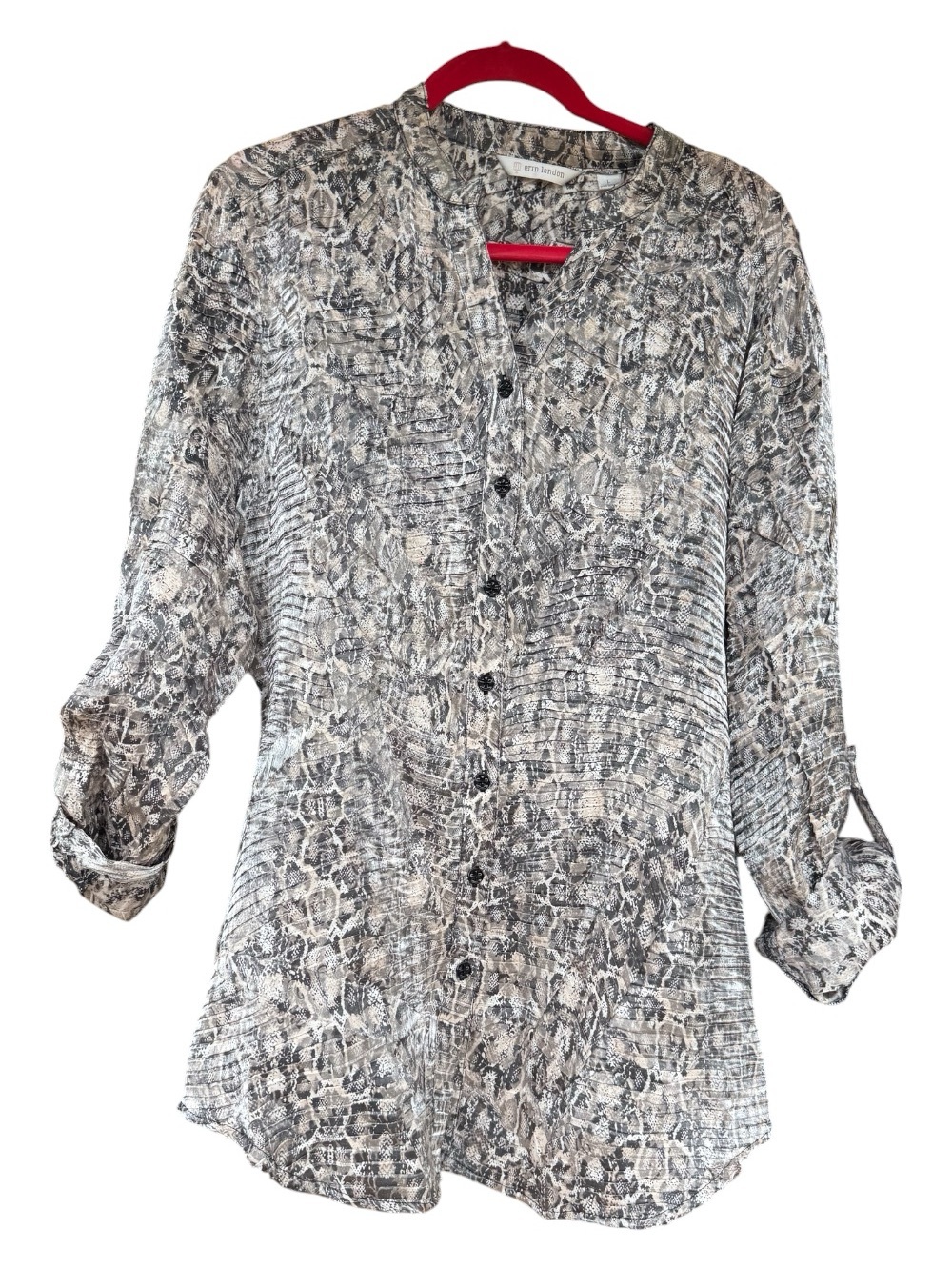Erin London Beige and Gray Snake-Print Button Down Top